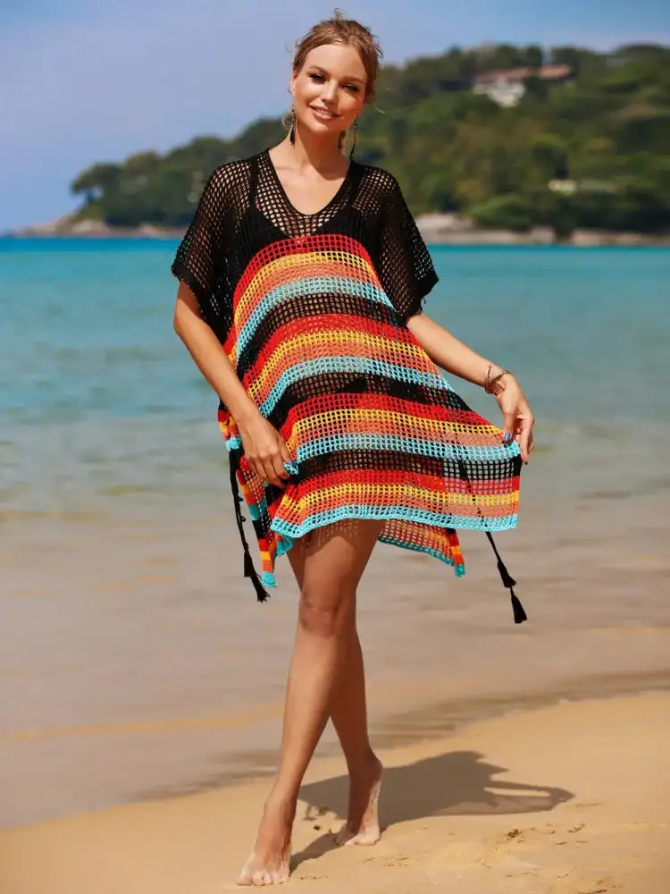 Angel Wings Cutout Striped Cover-Up with Tassel