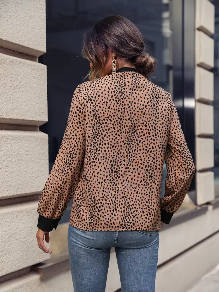Animal Print Contrast Trim Tie Front Blouse