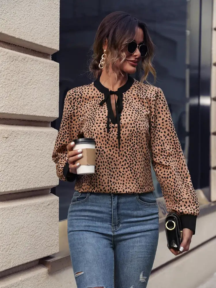 Animal Print Contrast Trim Tie Front Blouse
