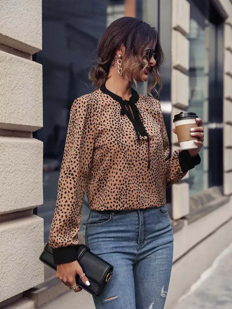 Animal Print Contrast Trim Tie Front Blouse