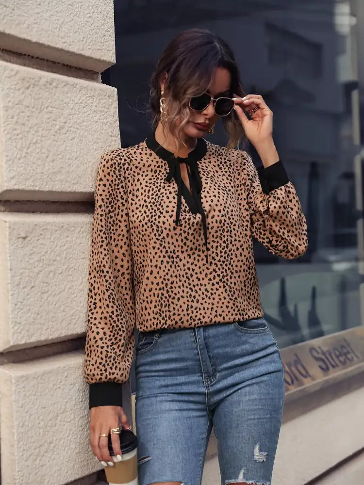Animal Print Contrast Trim Tie Front Blouse