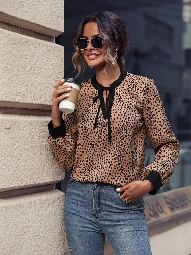 Animal Print Contrast Trim Tie Front Blouse