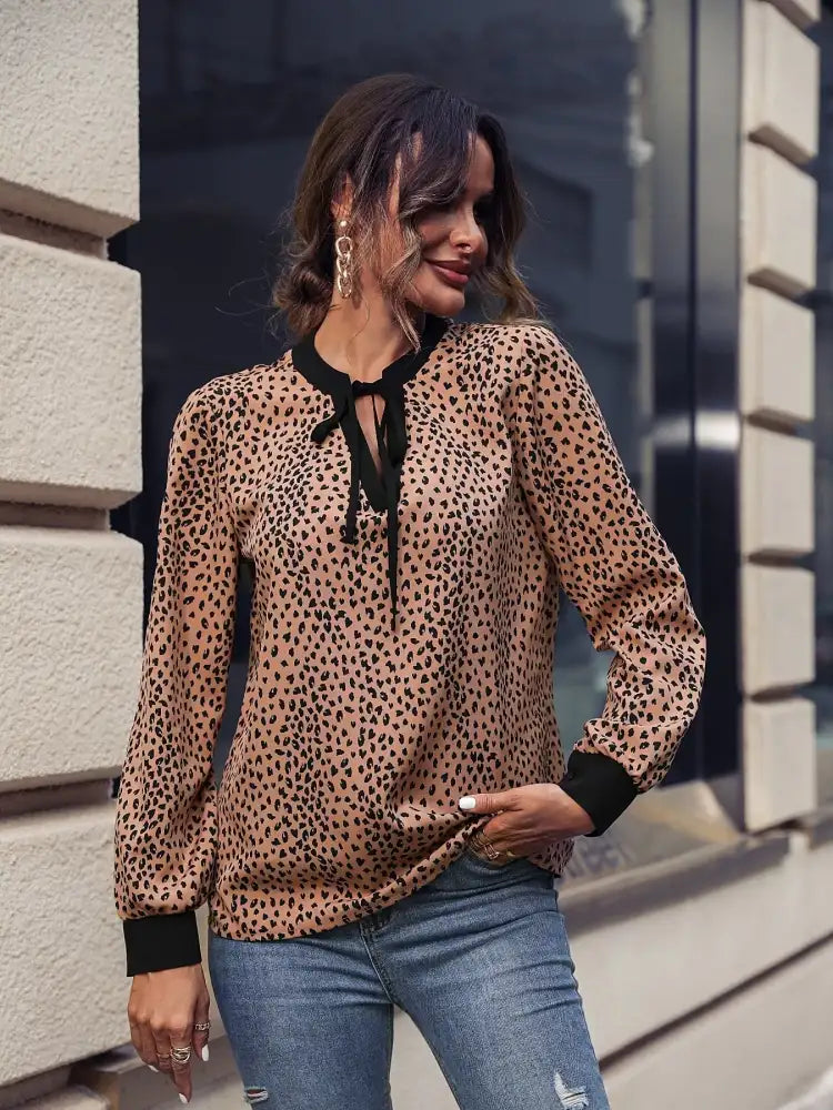 Animal Print Contrast Trim Tie Front Blouse
