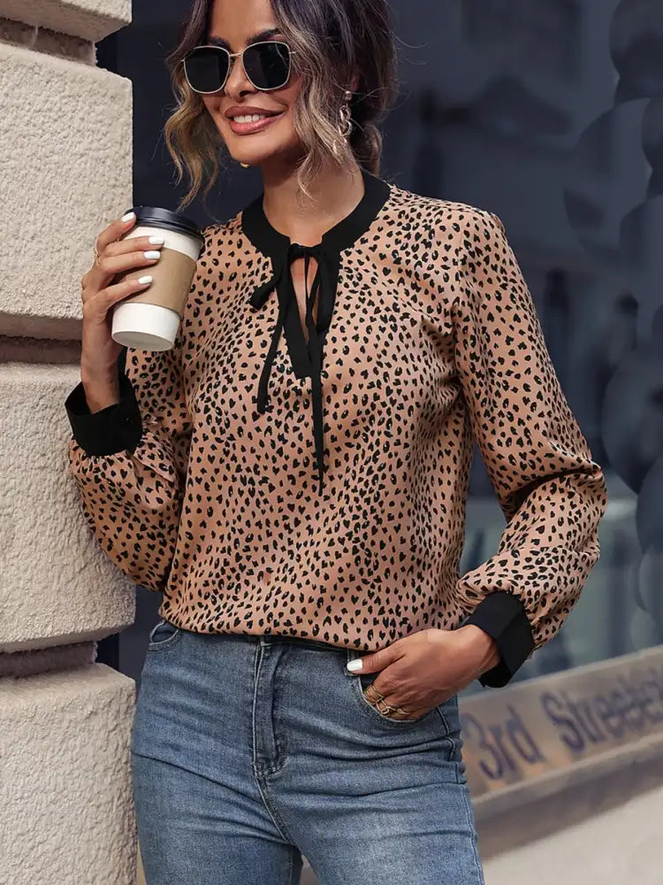Animal Print Contrast Trim Tie Front Blouse
