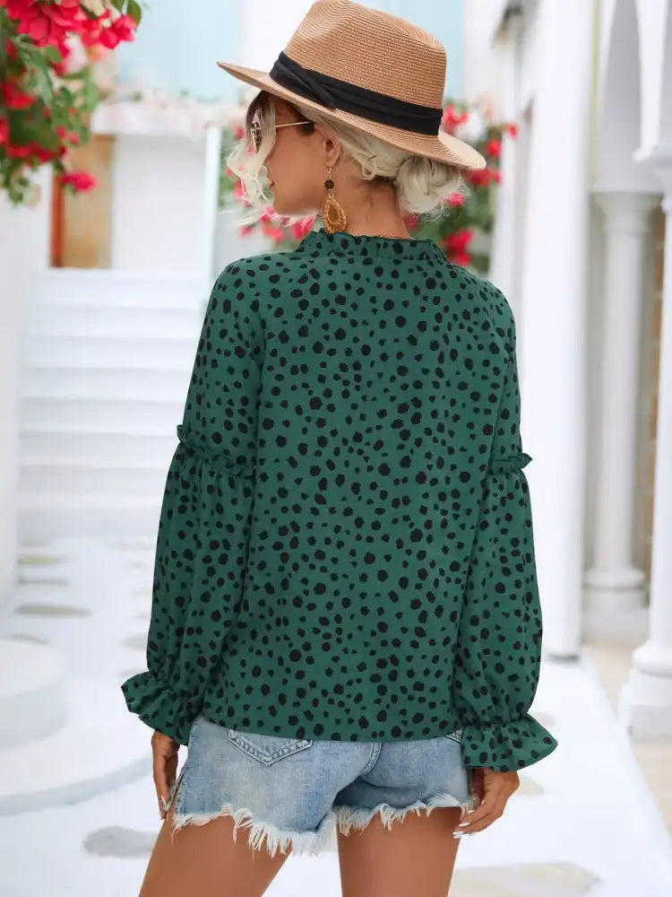 Animal Print Tie Neck Flounce Sleeve Blouse