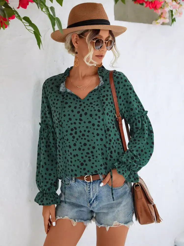 Animal Print Tie Neck Flounce Sleeve Blouse