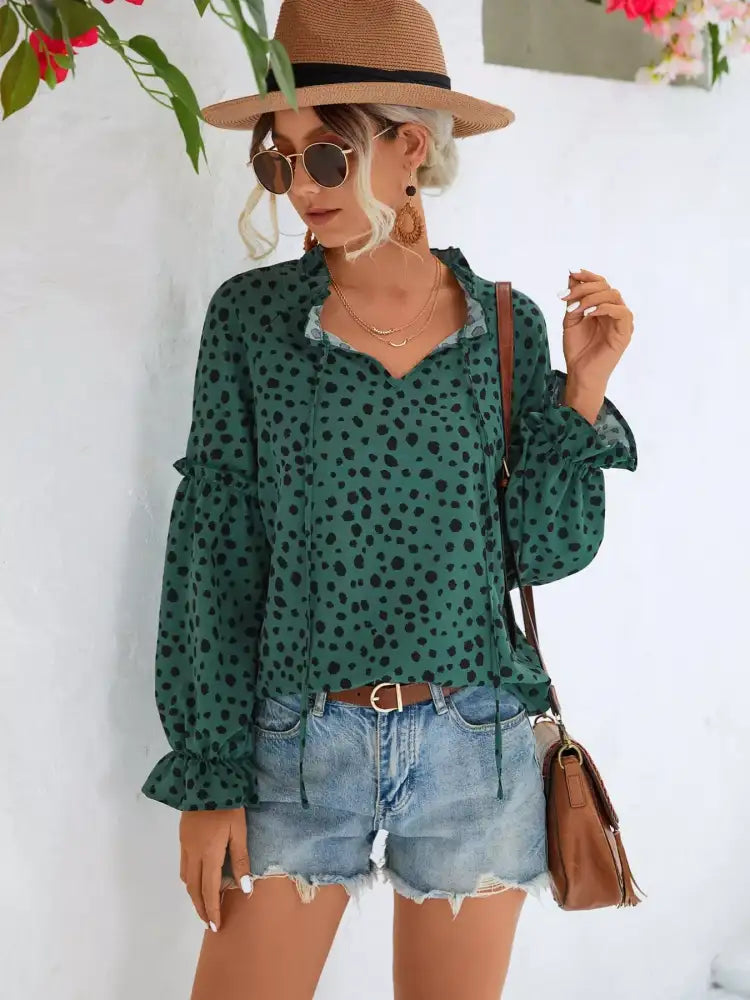 Animal Print Tie Neck Flounce Sleeve Blouse