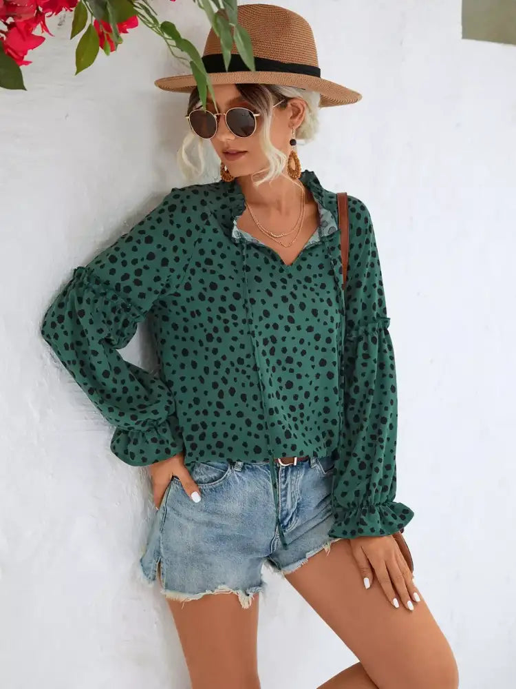 Animal Print Tie Neck Flounce Sleeve Blouse