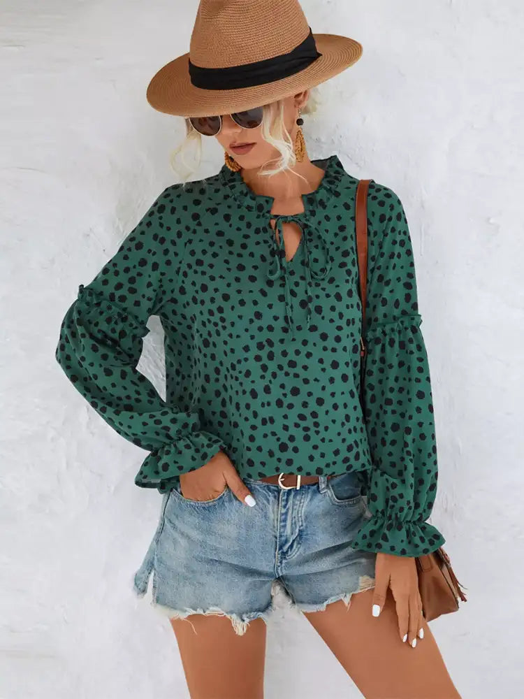 Animal Print Tie Neck Flounce Sleeve Blouse