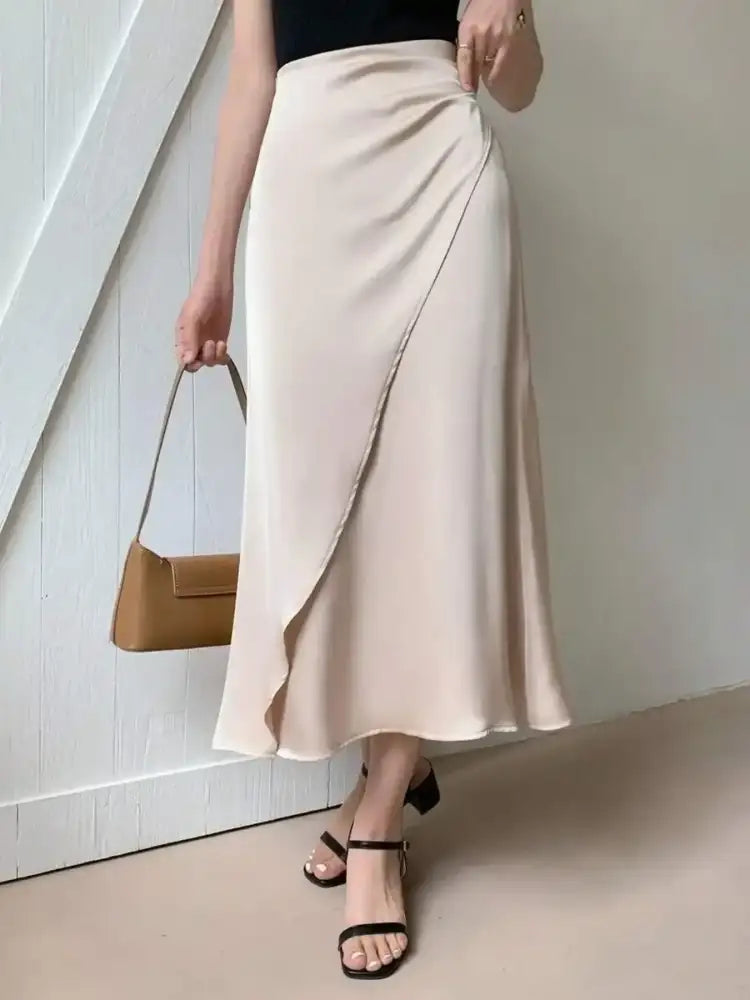 Asymmetric Wrap Midi Skirt with Fluted Hem