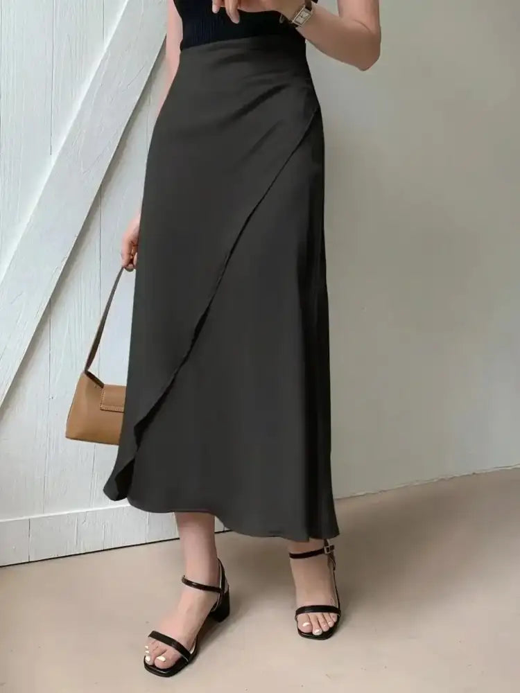 Asymmetric Wrap Midi Skirt with Fluted Hem
