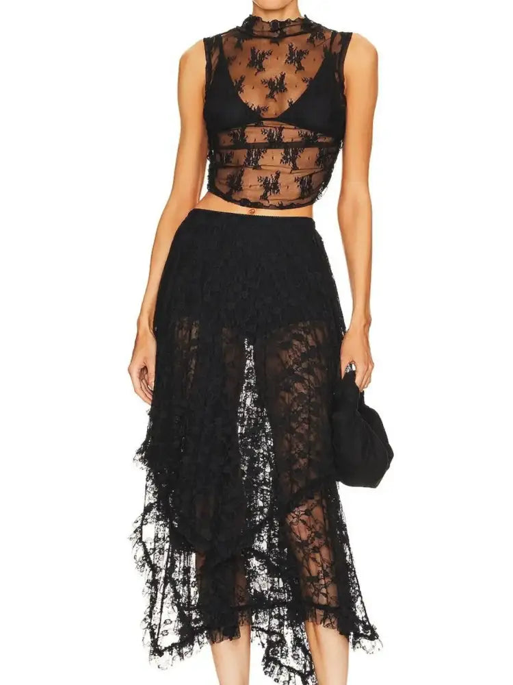 Asymmetrical Lace Midi Skirt