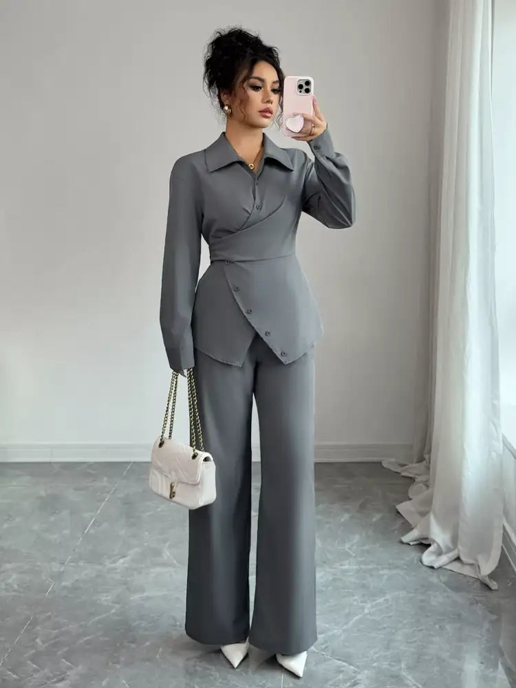 Back Tie Wrap Blazer and Wide Leg Pants Set