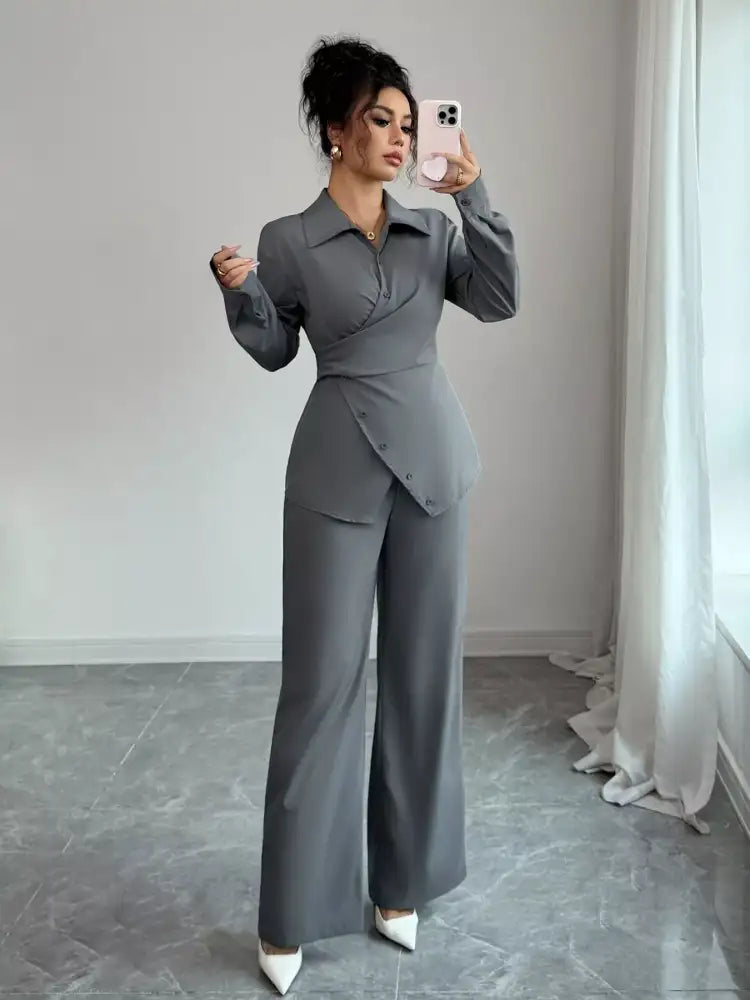 Back Tie Wrap Blazer and Wide Leg Pants Set