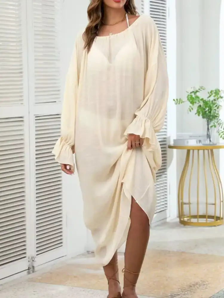 Backless Drawstring Back Flounce Sleeve Cover-Up