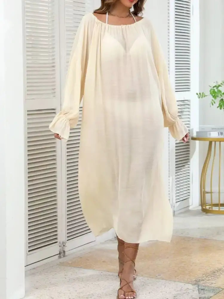 Backless Drawstring Back Flounce Sleeve Cover-Up