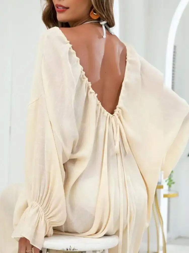 Backless Drawstring Back Flounce Sleeve Cover-Up