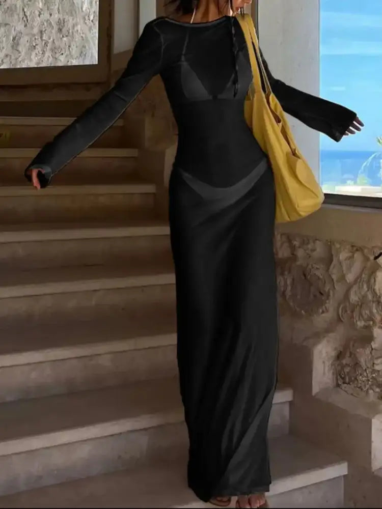 Backless Long Sleeve Maxi Cover-Up