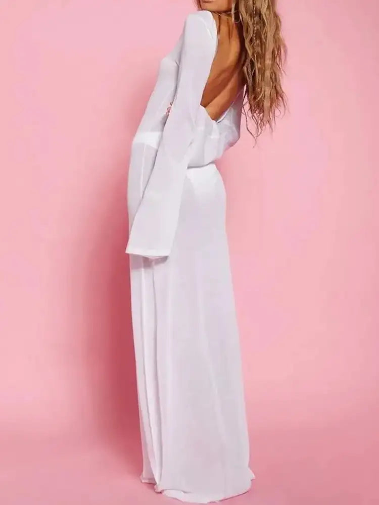 Backless Long Sleeve Maxi Cover-Up