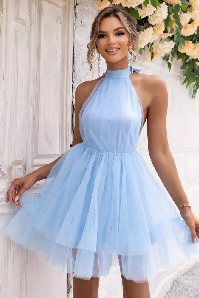 Backless Mesh Tie-Neck Halter Dress - Blue | light blue halter-neck tulle mini