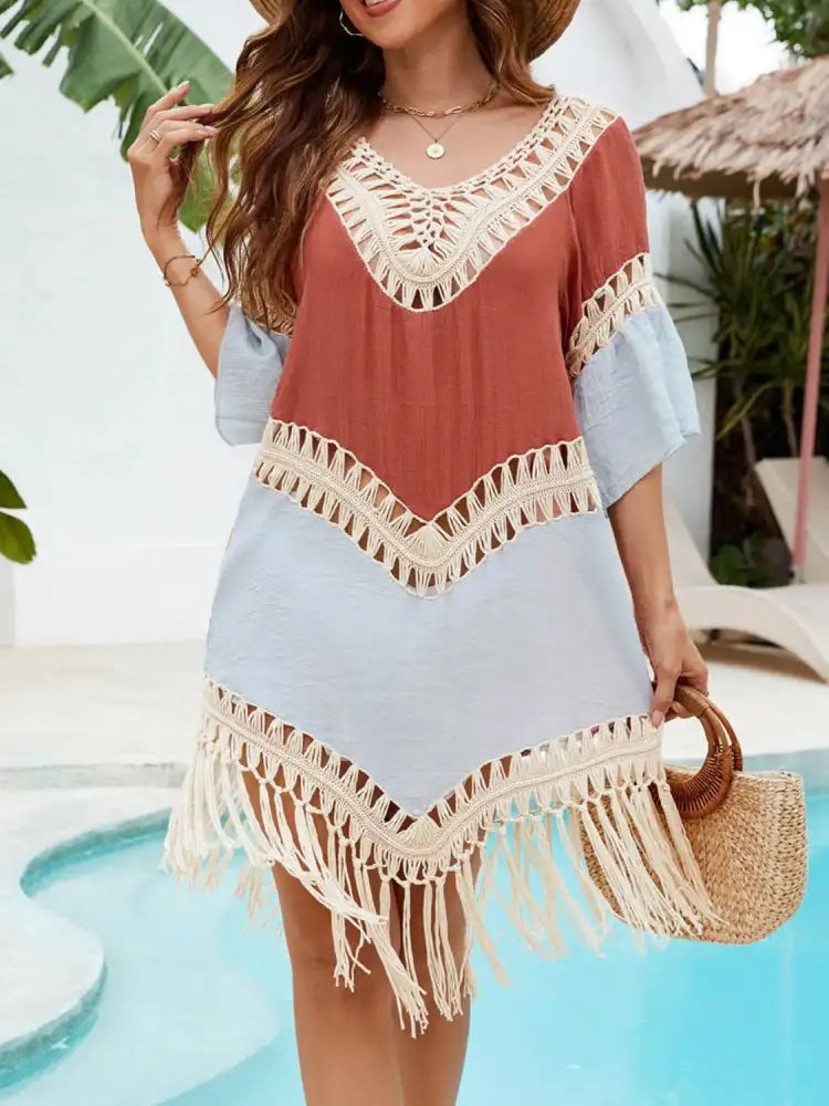 Backless Tassel Hem V-Neck Cover-Up