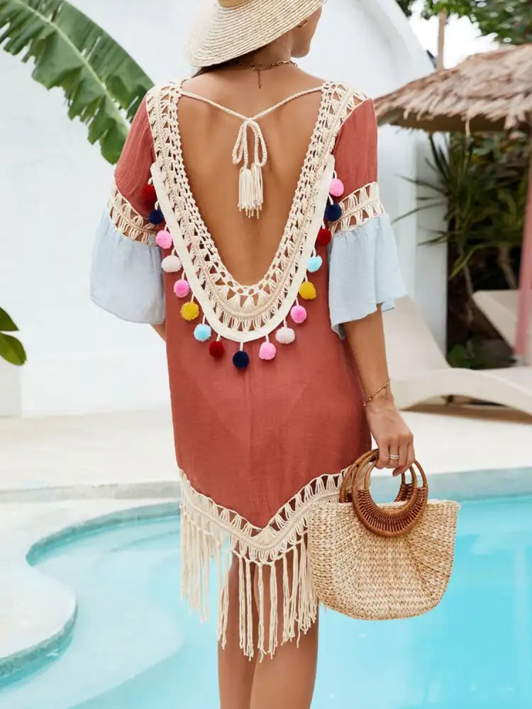 Backless Tassel Hem V-Neck Cover-Up