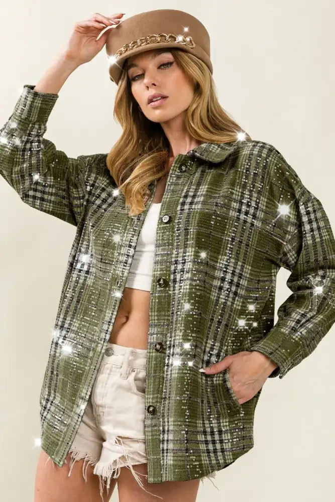 BiBi Allover Clear Sequins Vintage Plaid Jacket