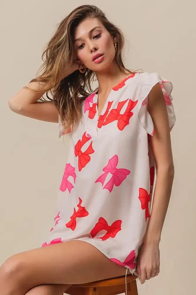 BiBi Bow Printed Woven Ruffled Sleeves V Neck Top