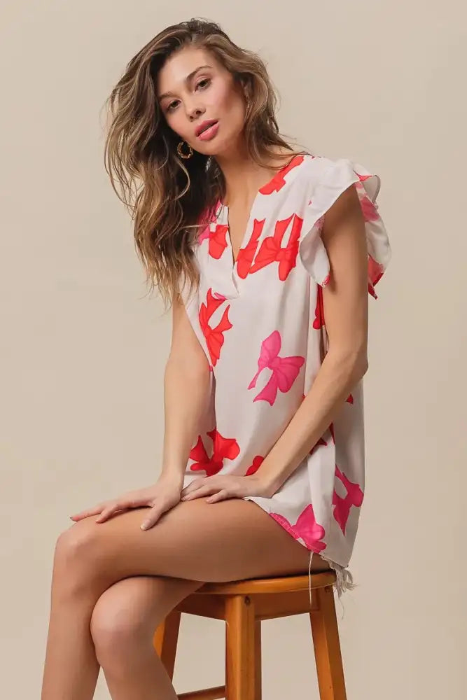 BiBi Bow Printed Woven Ruffled Sleeves V Neck Top