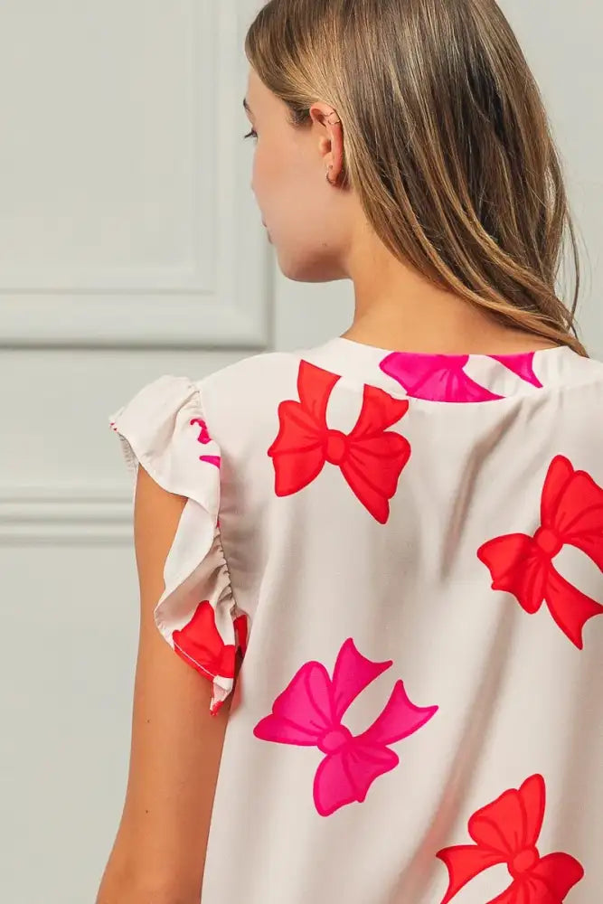 BiBi Bow Printed Woven Ruffled Sleeves V Neck Top