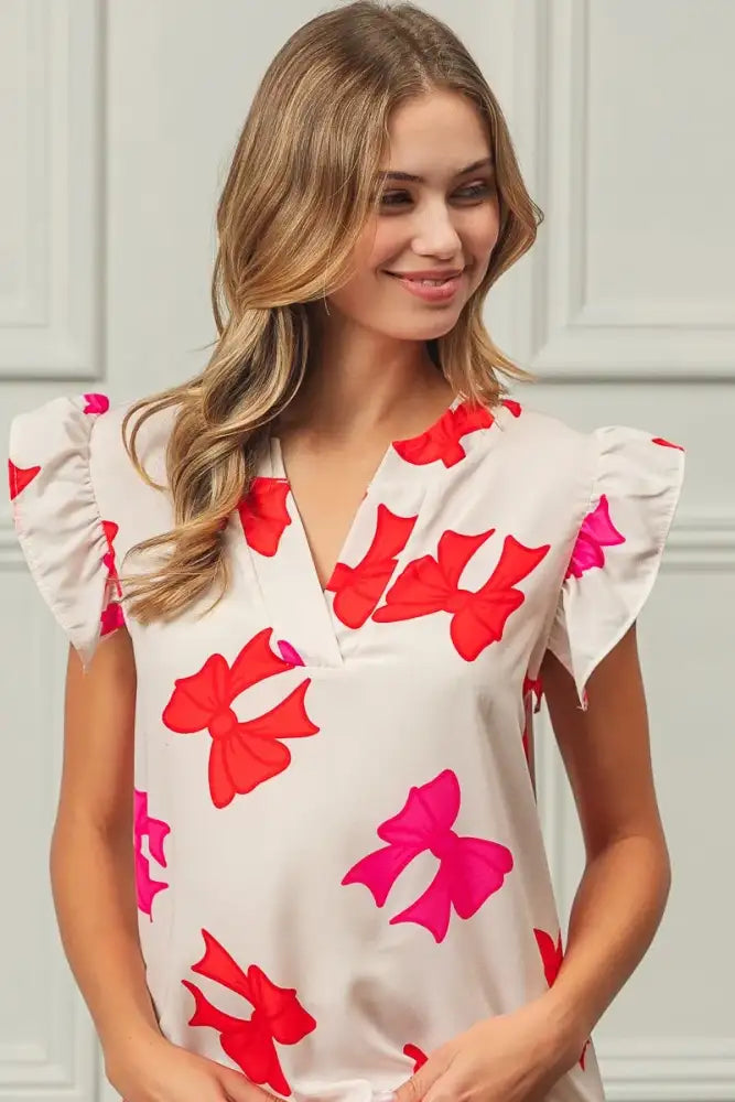 BiBi Bow Printed Woven Ruffled Sleeves V Neck Top