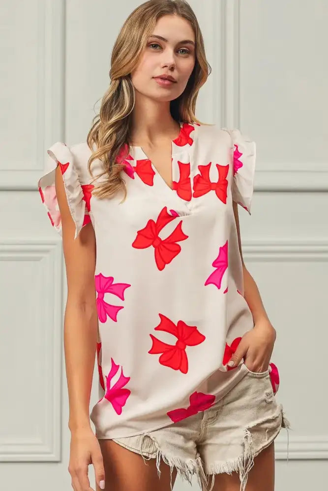 BiBi Bow Printed Woven Ruffled Sleeves V Neck Top
