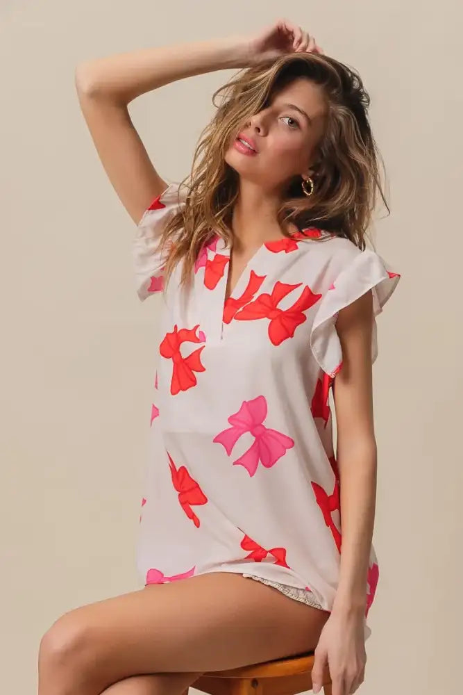 BiBi Bow Printed Woven Ruffled Sleeves V Neck Top