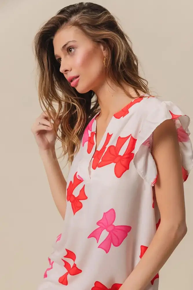 BiBi Bow Printed Woven Ruffled Sleeves V Neck Top