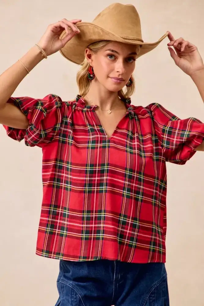 BiBi Christmas Plaid Short Sleeves Ruffled Blouse