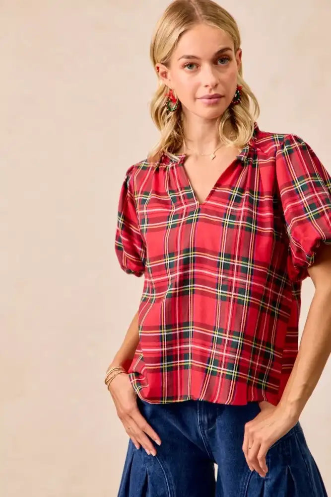 BiBi Christmas Plaid Short Sleeves Ruffled Blouse