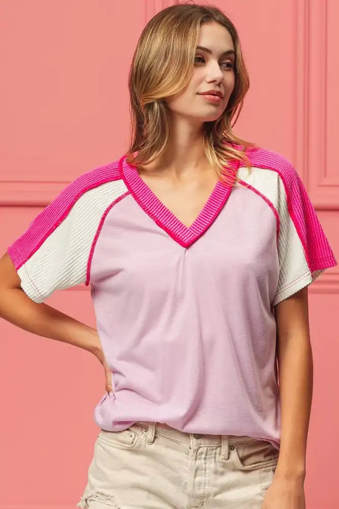 BiBi Cord Rib Combo V Neck Jersey Knit Top