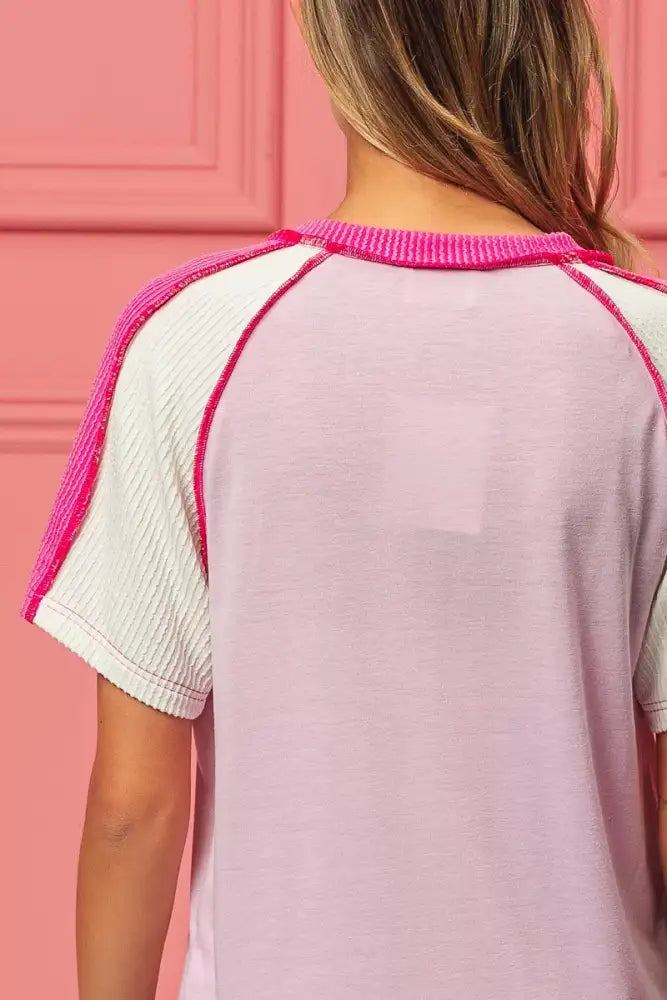 BiBi Cord Rib Combo V Neck Jersey Knit Top