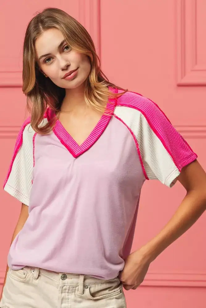 BiBi Cord Rib Combo V Neck Jersey Knit Top