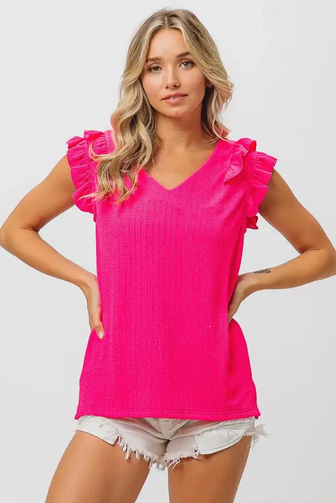 BiBi Layered Ruffles Armhole V-neck Rib Textured Top