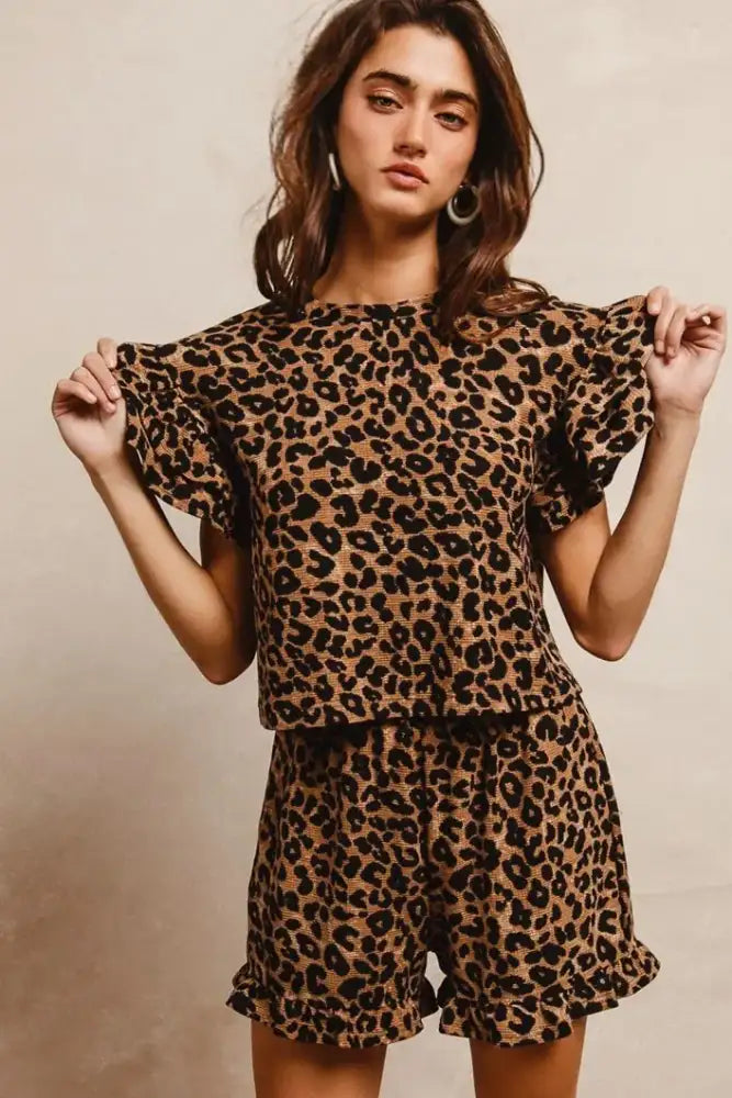 BiBi Leopard Print Waffle Texture Layered Ruffle Sleeve Top and Shorts Set