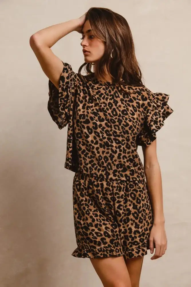 BiBi Leopard Print Waffle Texture Layered Ruffle Sleeve Top and Shorts Set