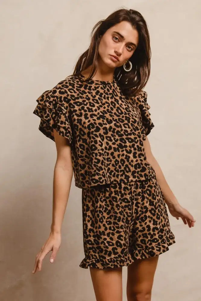 BiBi Leopard Print Waffle Texture Layered Ruffle Sleeve Top and Shorts Set