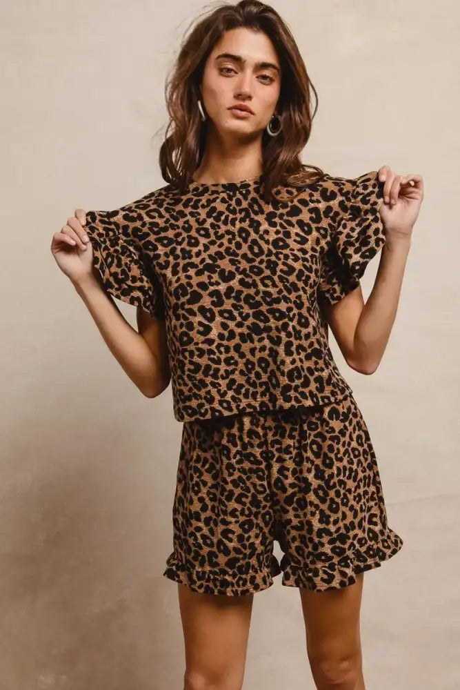 BiBi Leopard Print Waffle Texture Layered Ruffle Sleeve Top and Shorts Set