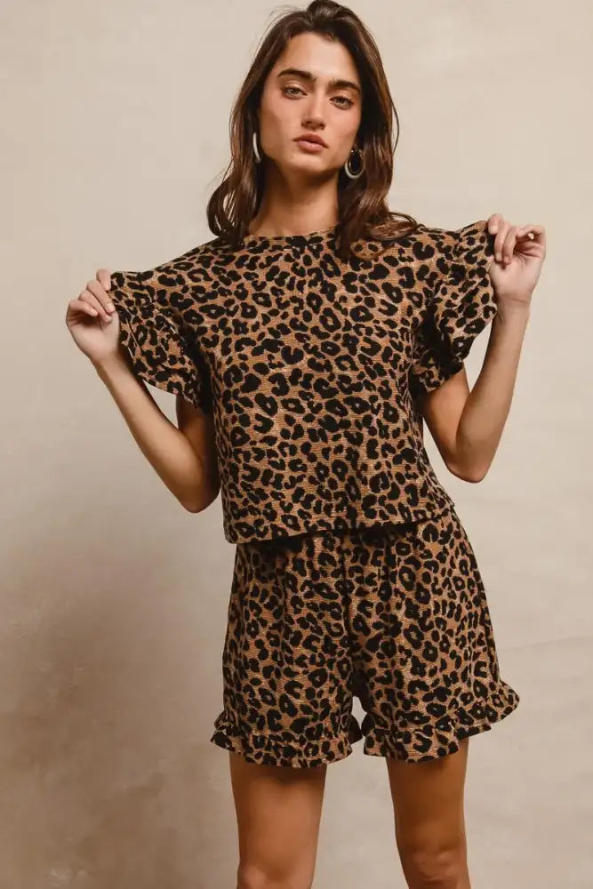 BiBi Leopard Print Waffle Texture Layered Ruffle Sleeve Top and Shorts Set
