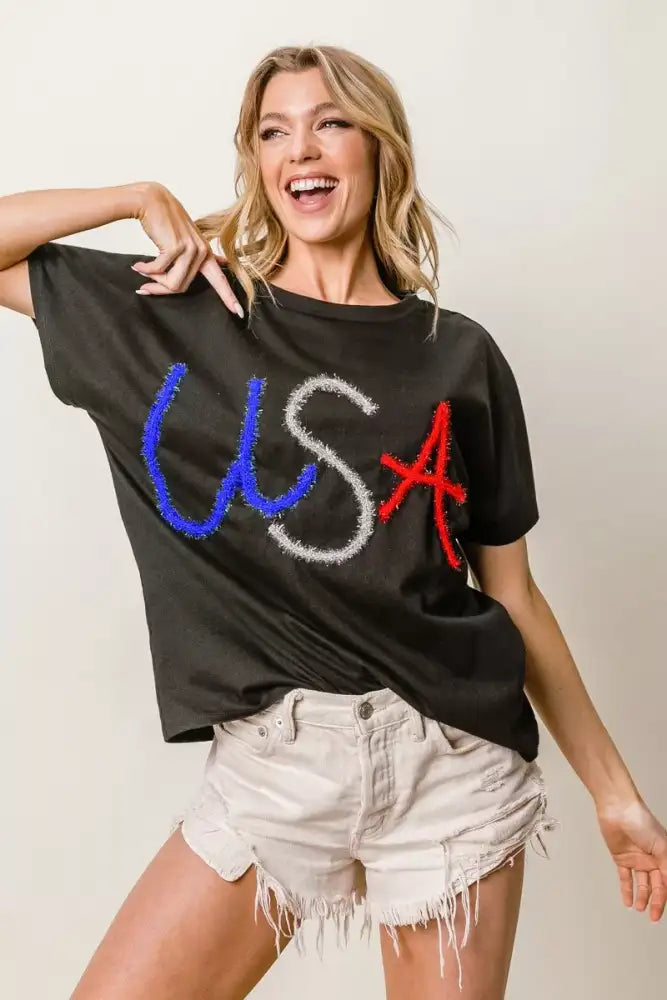 BiBi Metallic Letter Short Dolman Sleeve Top