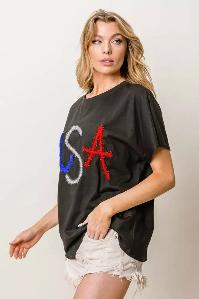 BiBi Metallic Letter Short Dolman Sleeve Top