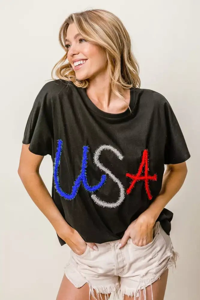 BiBi Metallic Letter Short Dolman Sleeve Top