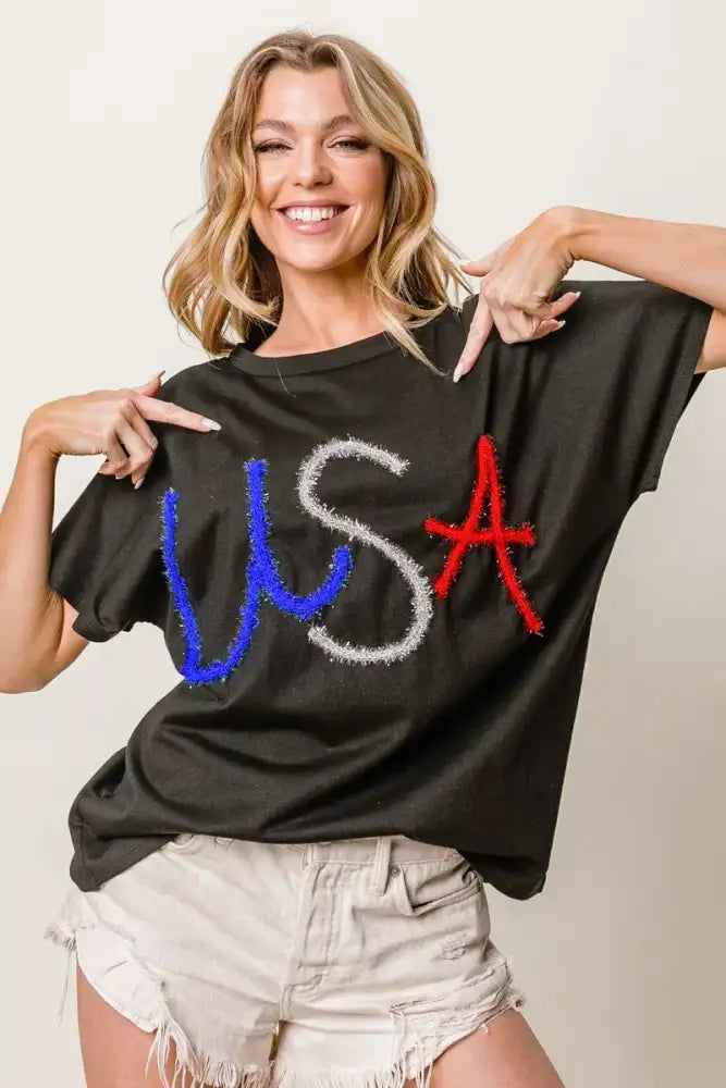 BiBi Metallic Letter Short Dolman Sleeve Top