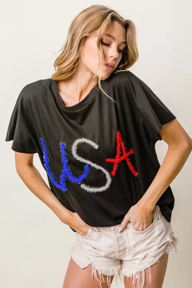 BiBi Metallic Letter Short Dolman Sleeve Top